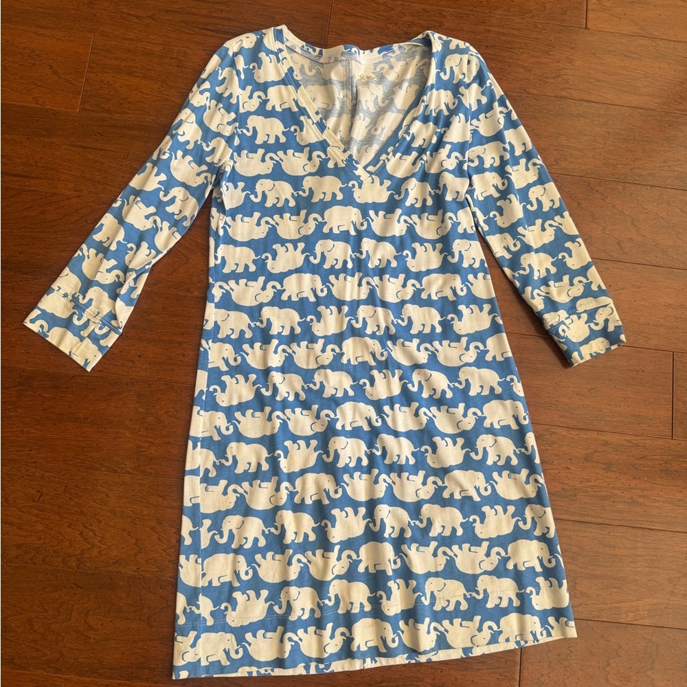 Lilly Pulitzer Blue and White Elephant Print V-Neck Dress